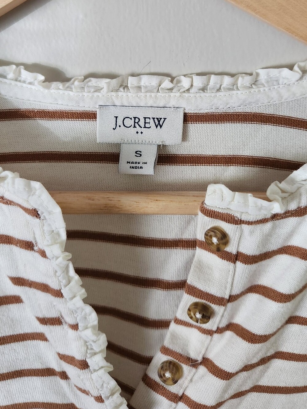 J. Crew Cream and Brown Striped Long-Sleeve Henley Sz S - Picture 3 of 4
